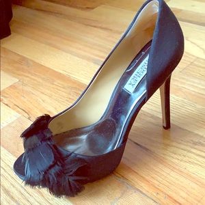 Badgley Mischka Feather Peep Toe Satin Stilettos